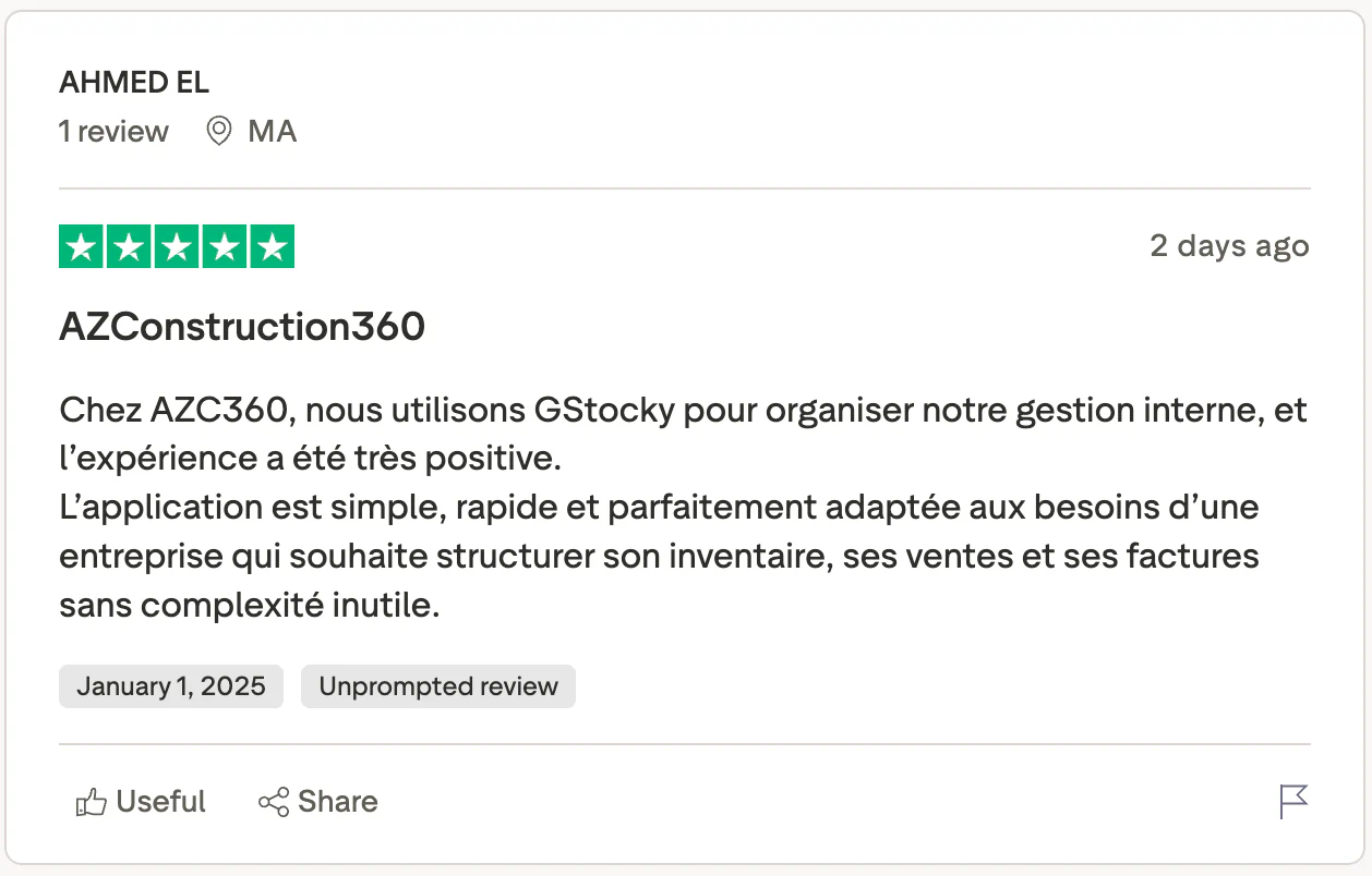 Five-star review from Ahmed El about using GStocky for inventory, sales and invoices