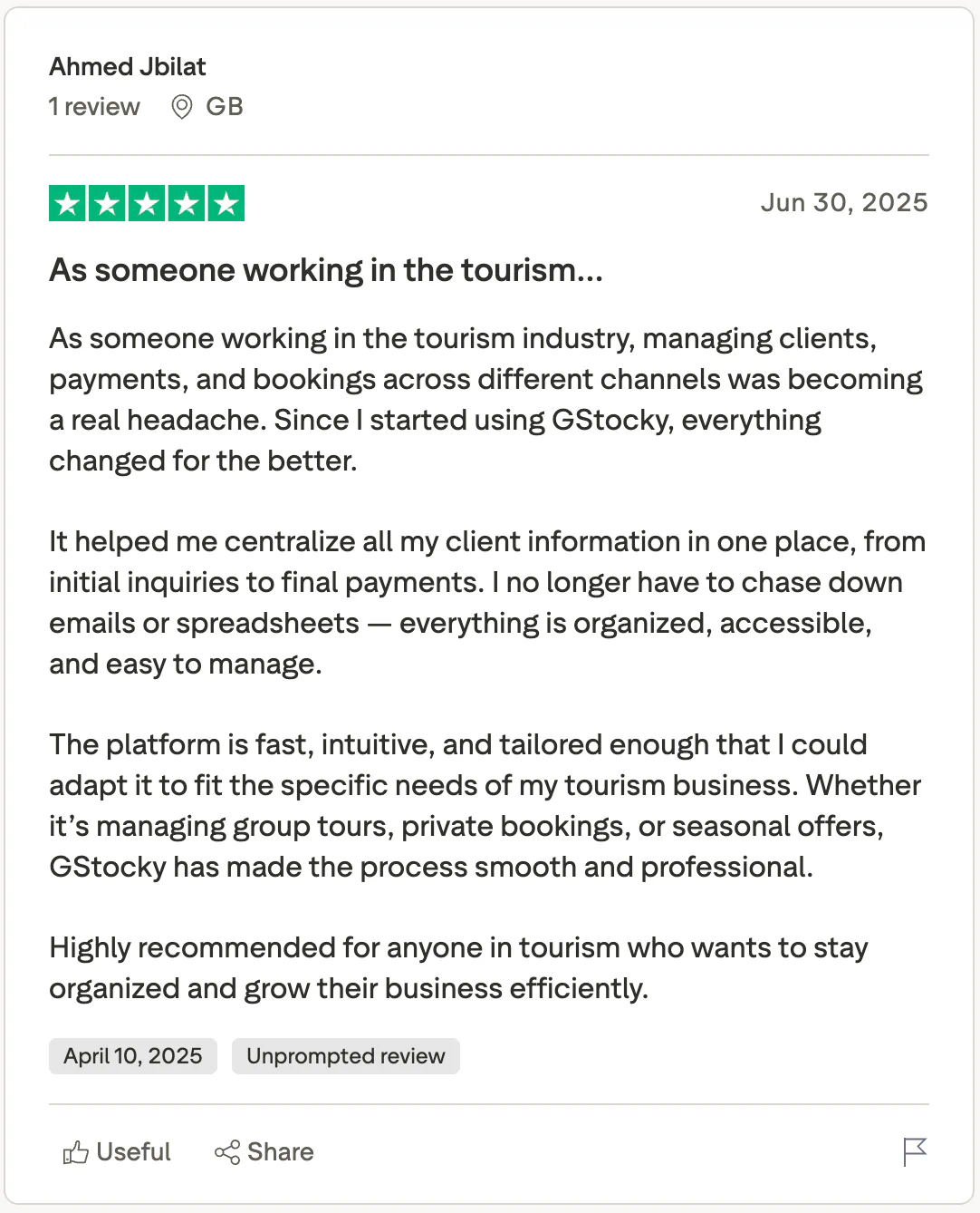 Five-star review from Ahmed Jubilat about GStocky for tourism business management