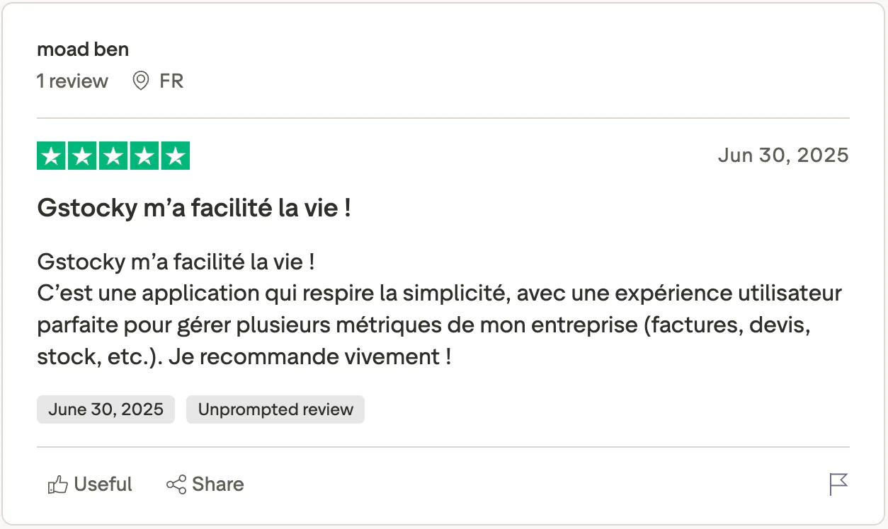 Five-star review from Moad Ben about the simplicity of GStocky business software