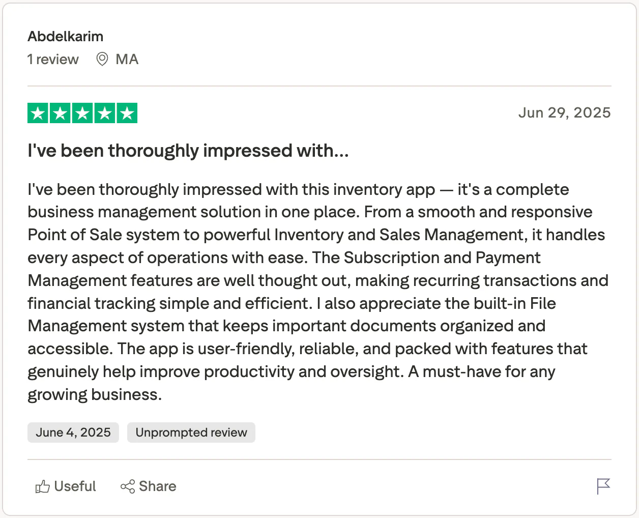 Five-star review from Abdelkarim about the GStocky POS, inventory and sales features