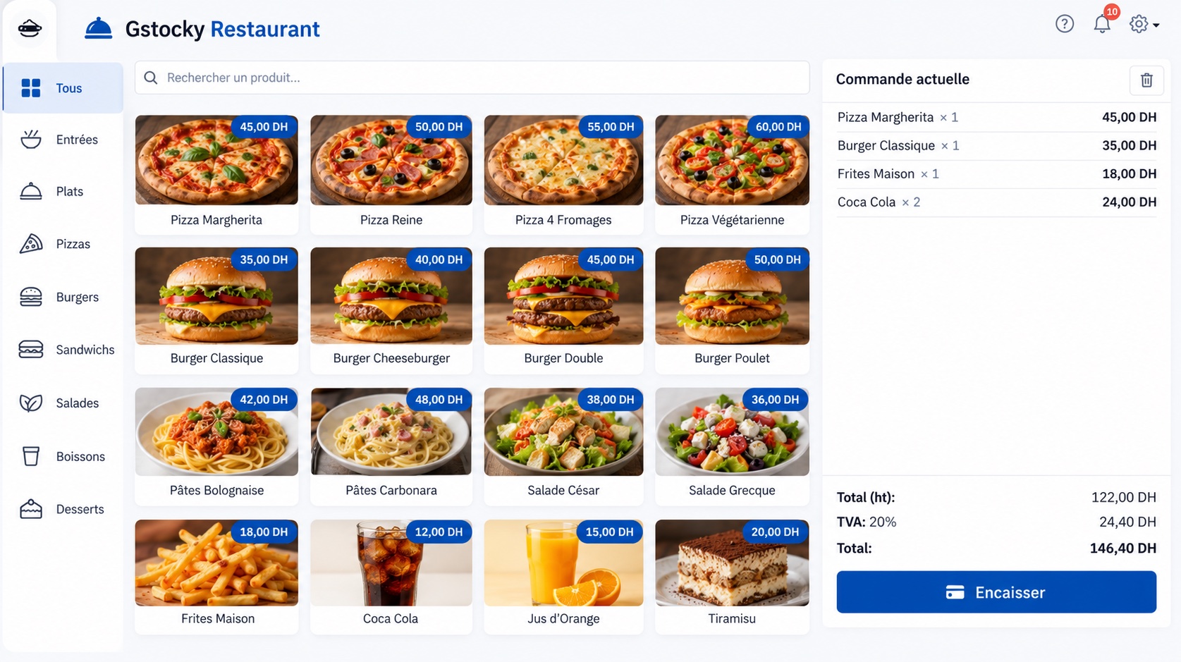 شاشة GStocky Restaurant POS مع شبكة المنتجات والطلب الحالي