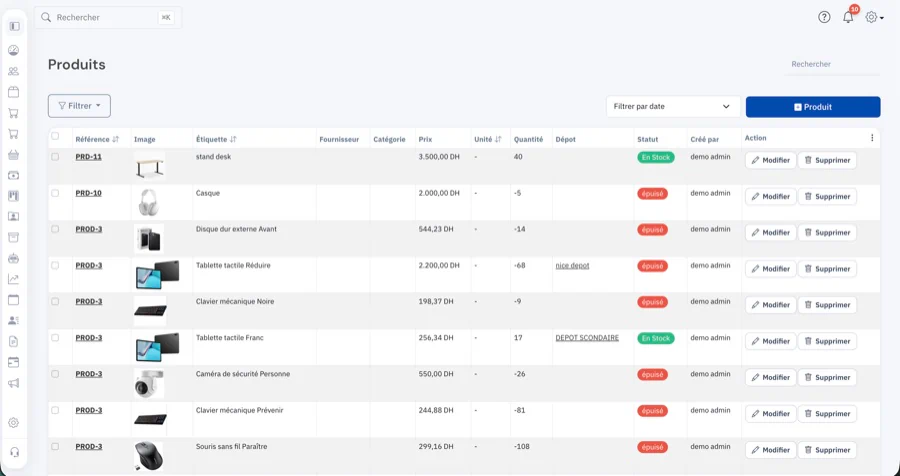 Écran de gestion des articles et des quantités en stock dans GStocky